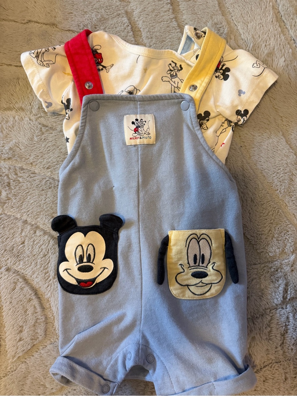 Disney Light Blue Overalls with Red and Yellow Straps